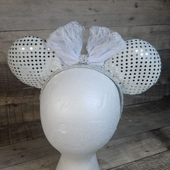 Silver Disney Ears with White Lace Bow Minnie Mouse Ears Handmade - Picture 2 of 5